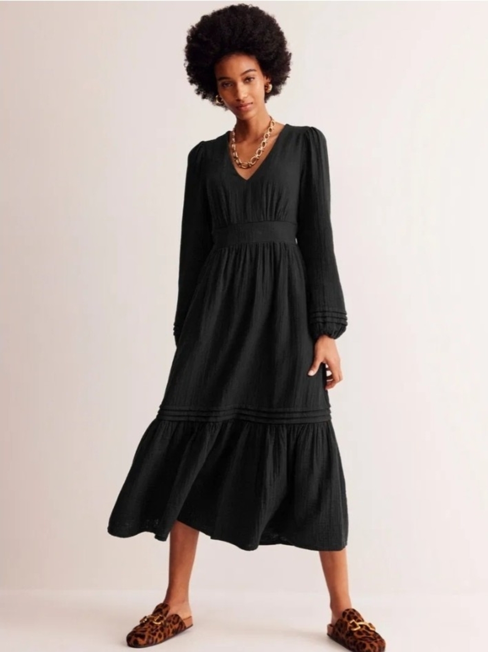 Boden Black V-Neck Midi Dress - Size 12